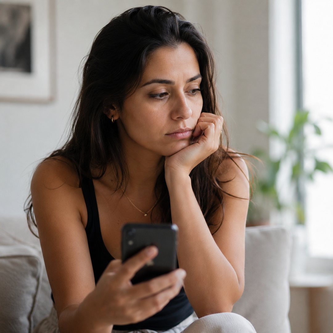 Mulher olhando discretamente o celular, presa em pensamentos sobre uma conversa